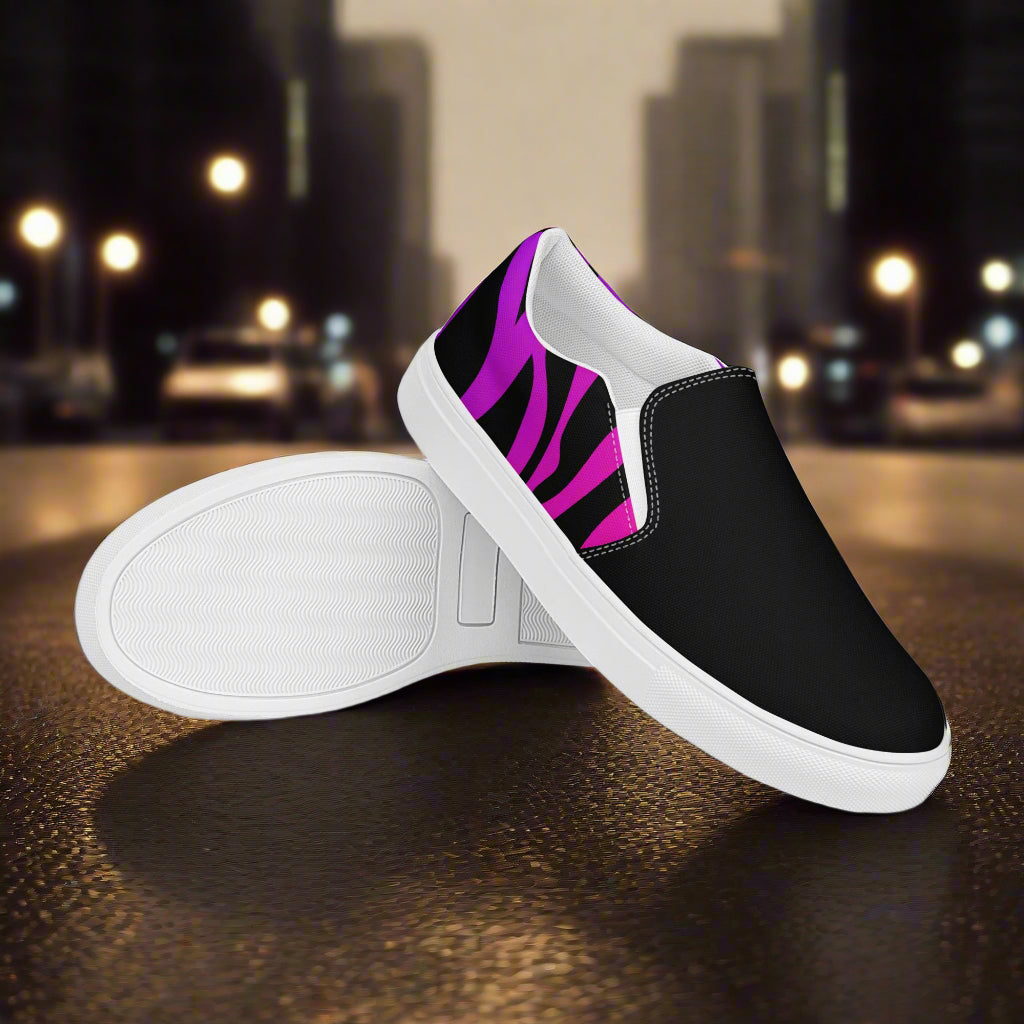 Women’s Animal Print, Slip-on Canvas Shoes, Purple Zebra Pattern, Two-Tone