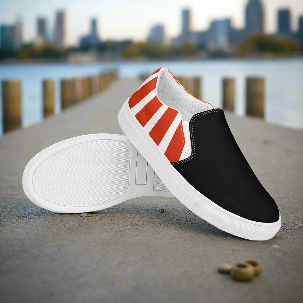 Women’s Custom, Slip-on Canvas Sneakers, Asian Print, Japanese Rising Sun, Two-Tone