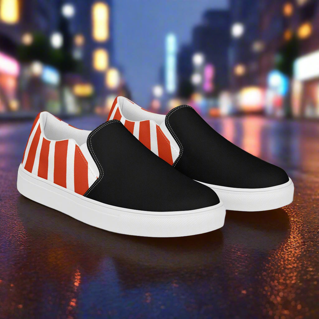 Women’s Custom, Slip-on Canvas Sneakers, Asian Print, Japanese Rising Sun, Two-Tone