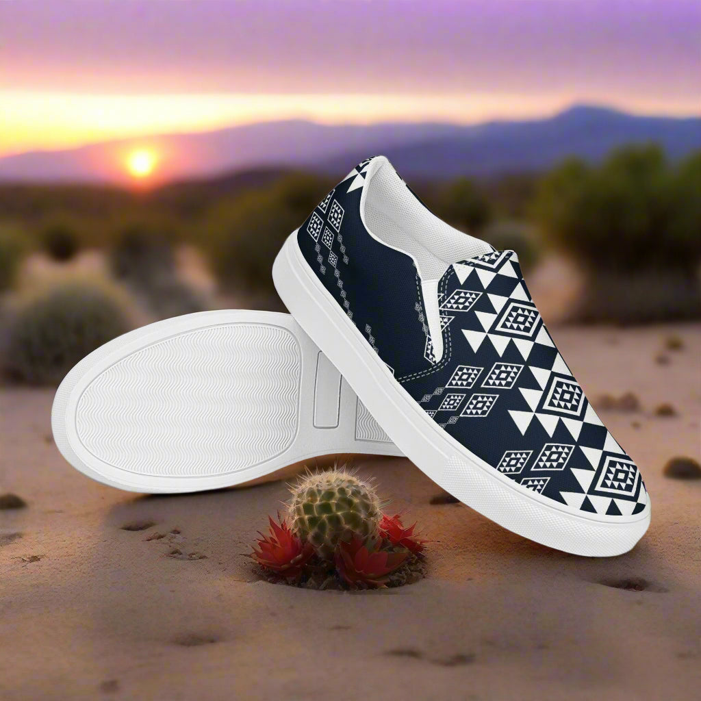 Women’s Southwest Print, Custom Slip-on Canvas Shoes, Native American Geometric Pattern, Black, White and Gray