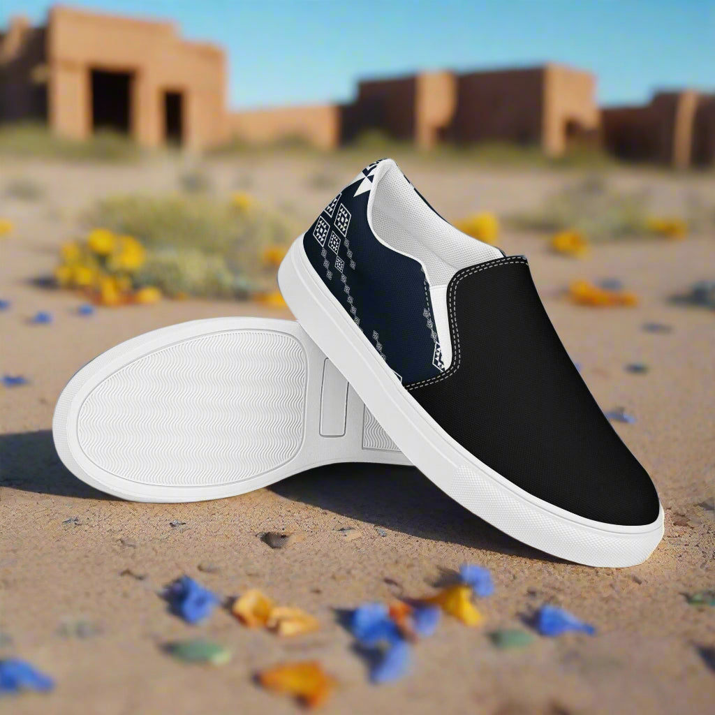 Women’s Southwest Print, Custom Slip-on Canvas Shoes, Native American Geometric Pattern, Durango, Two-Tone