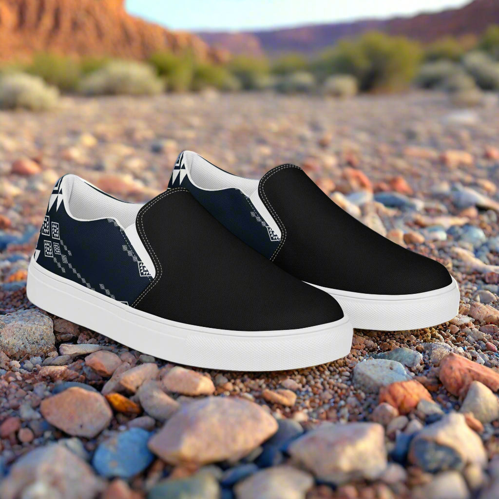 Women’s Southwest Print, Custom Slip-on Canvas Shoes, Native American Geometric Pattern, Durango, Two-Tone