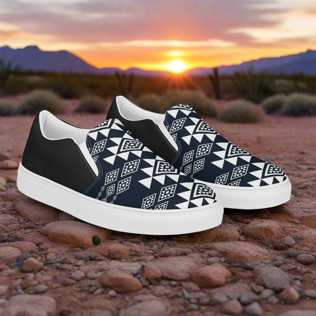 Women’s Southwest Print, Custom Slip-on Canvas Shoes, Native American Geometric Pattern, Durango, Halftone