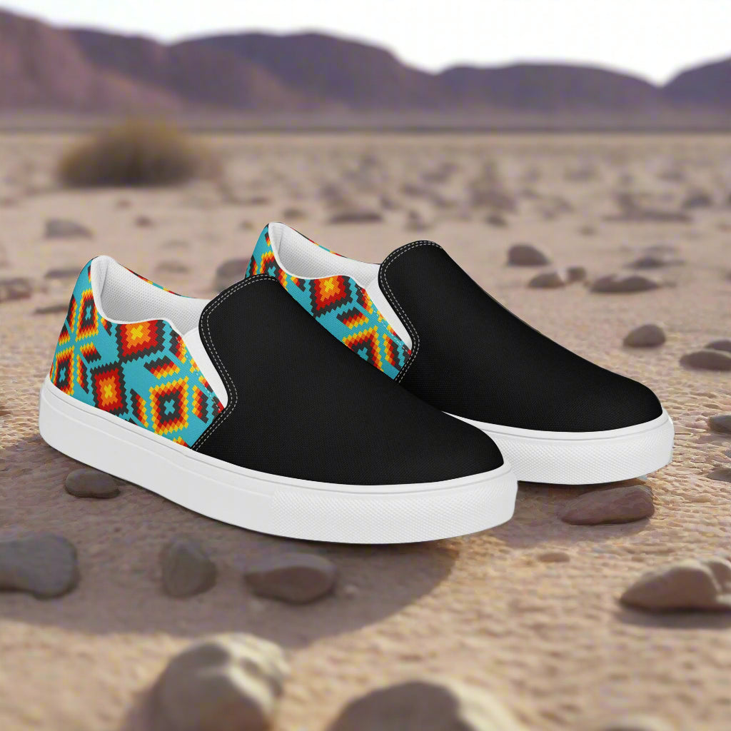 Women’s Southwest Print, Slip-on Canvas Shoes, Turquoise with Orange Native American, Geometric Pattern, Huichol, Two-Tone