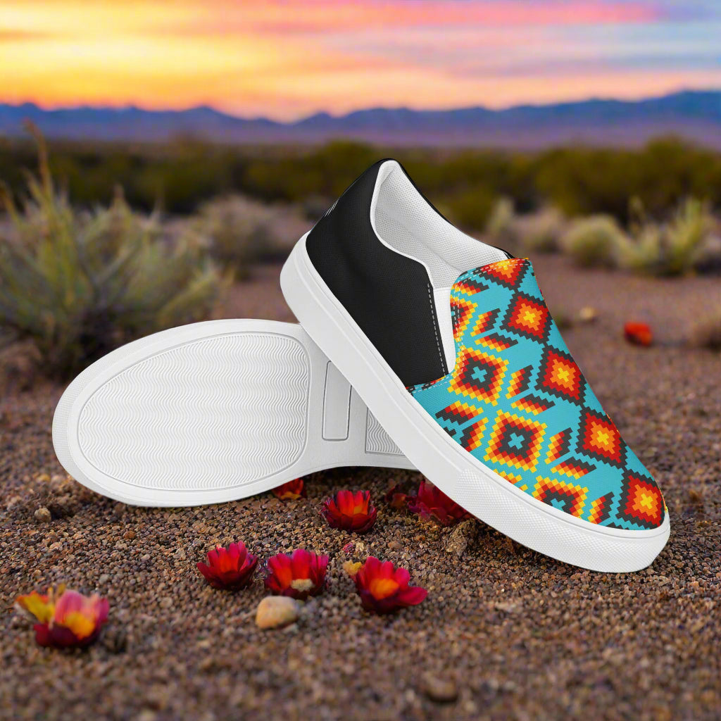 Women’s Southwest Print, Slip-on Canvas Shoes, Turquoise with Orange Native American, Geometric Pattern, Huichol, Halftone