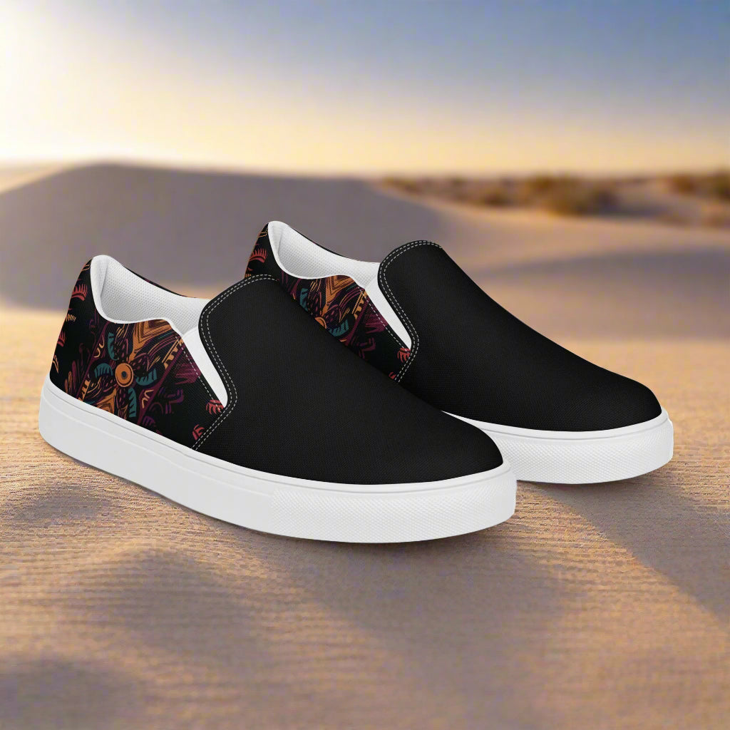 Women’s Southwest Print, Slip-on Canvas Shoes, Native American, Geometric Pattern, Iktomi Two-Tone