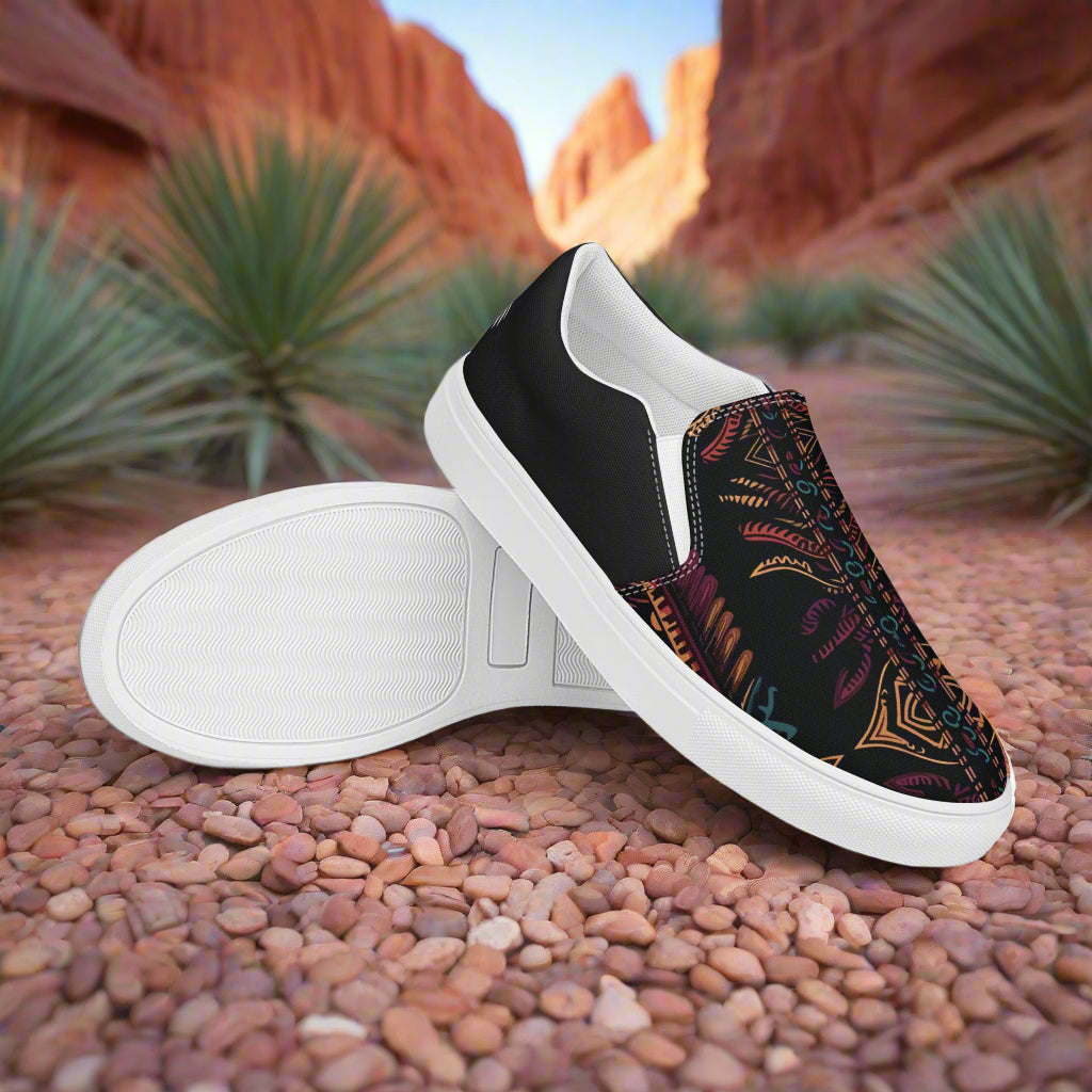 Women’s Southwest Print, Slip-on Canvas Shoes, Native American, Geometric Pattern, Iktomi Halftone