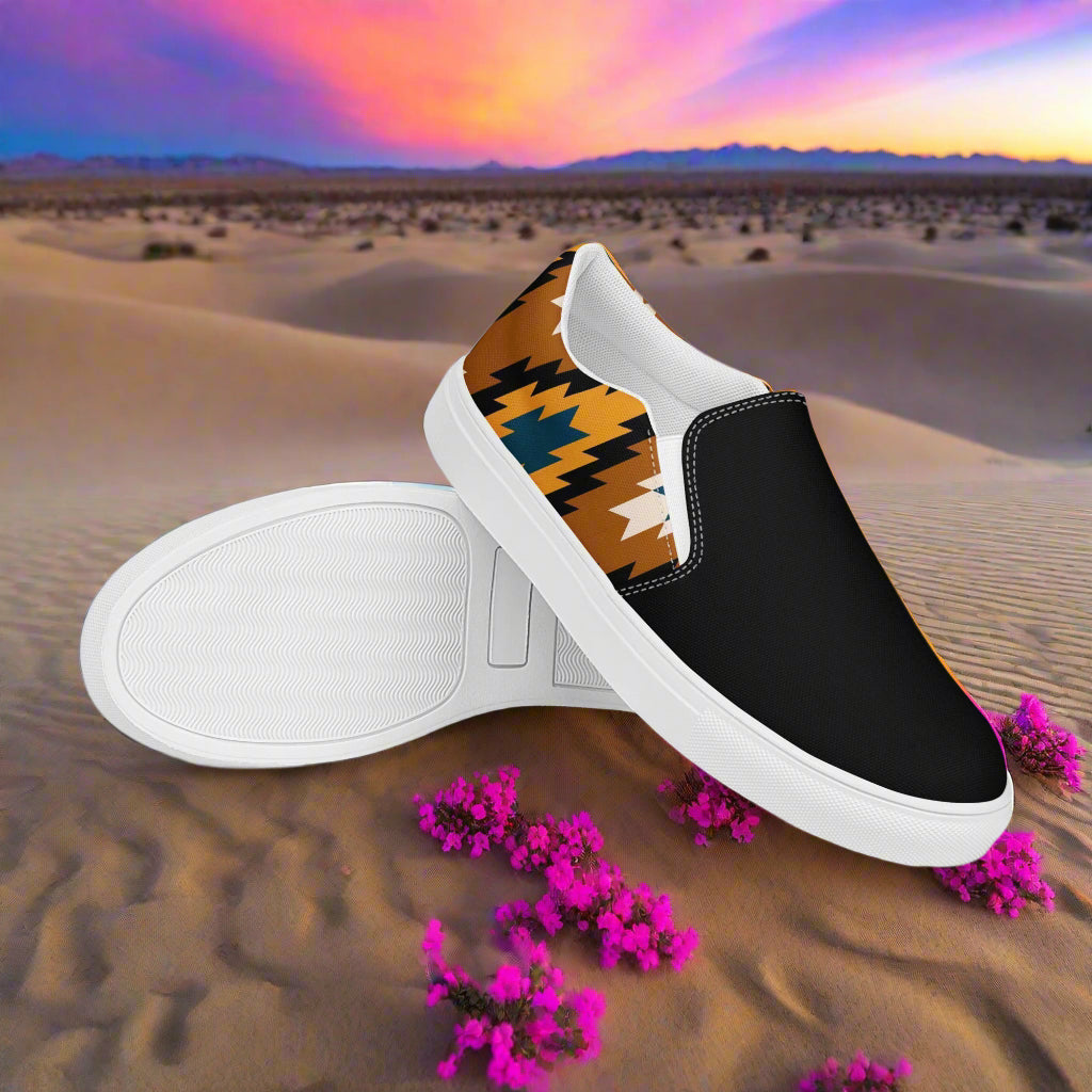 Women’s Southwest Print, Slip-on Canvas Shoes, Native American, Geometric Pattern, Pueblo Two-Tone