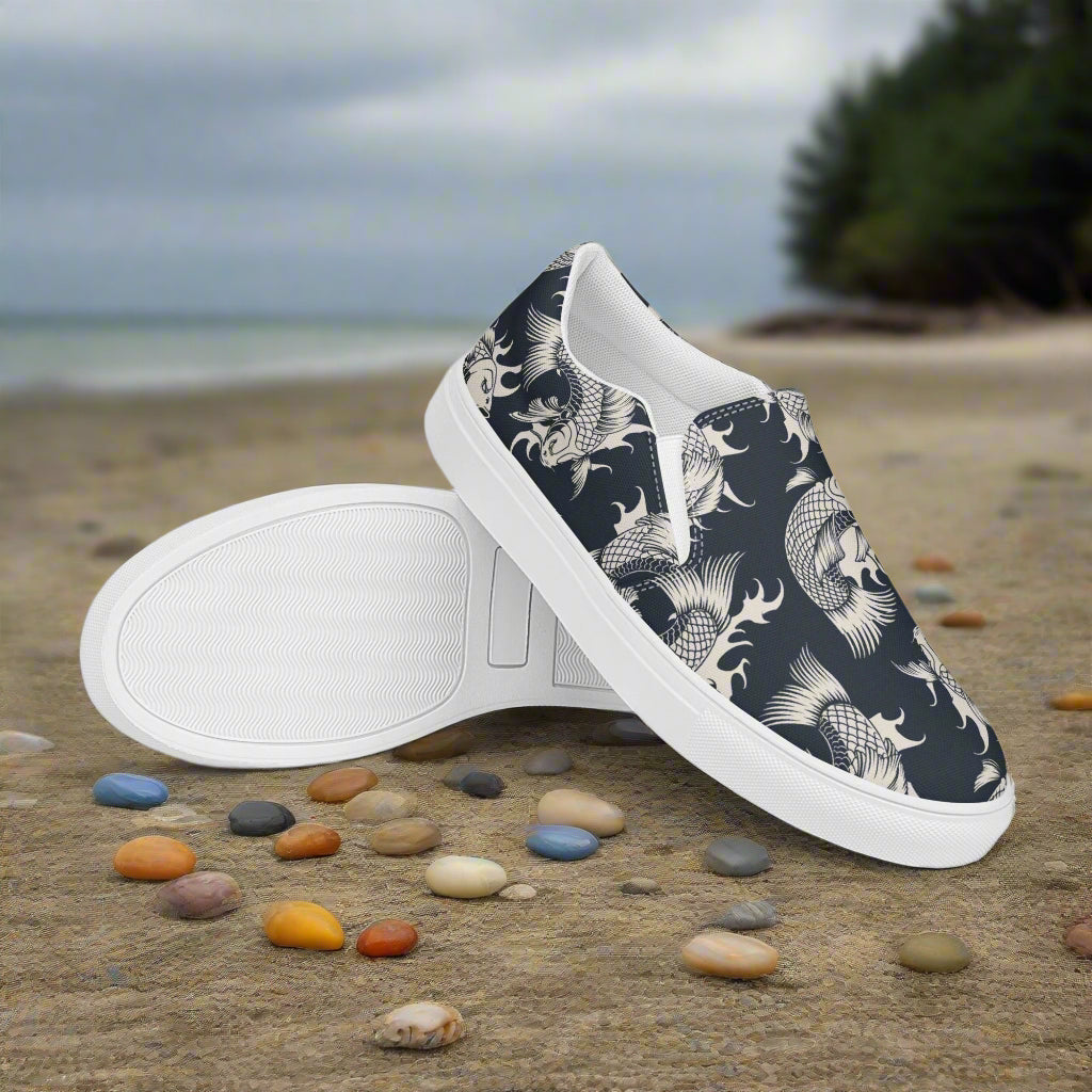 Women’s Designer, Slip-on Canvas Shoes, Black with White Koi Swimming, Asian Pattern Sneakers