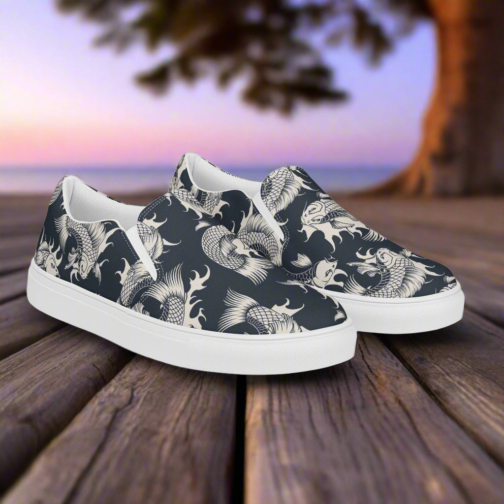 Women’s Designer, Slip-on Canvas Shoes, Black with White Koi Swimming, Asian Pattern Sneakers