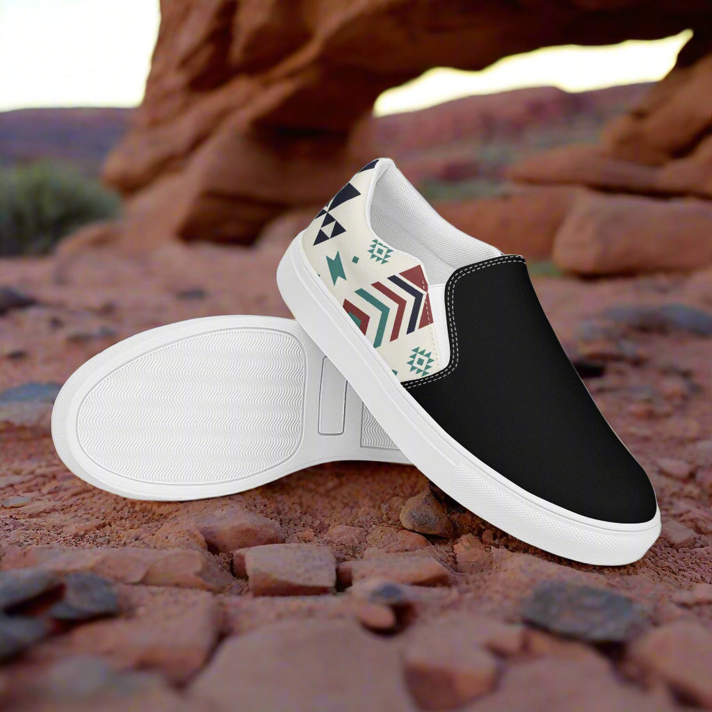 Women’s Southwest Print, Slip-on Canvas Shoes, Native American, Geometric Pattern, Supai Two-Tone