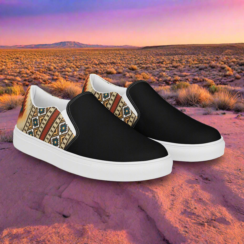 Women’s Southwest Print, Slip-on Canvas Shoes, Native American, Geometric Pattern, Kayenta Two-Tone