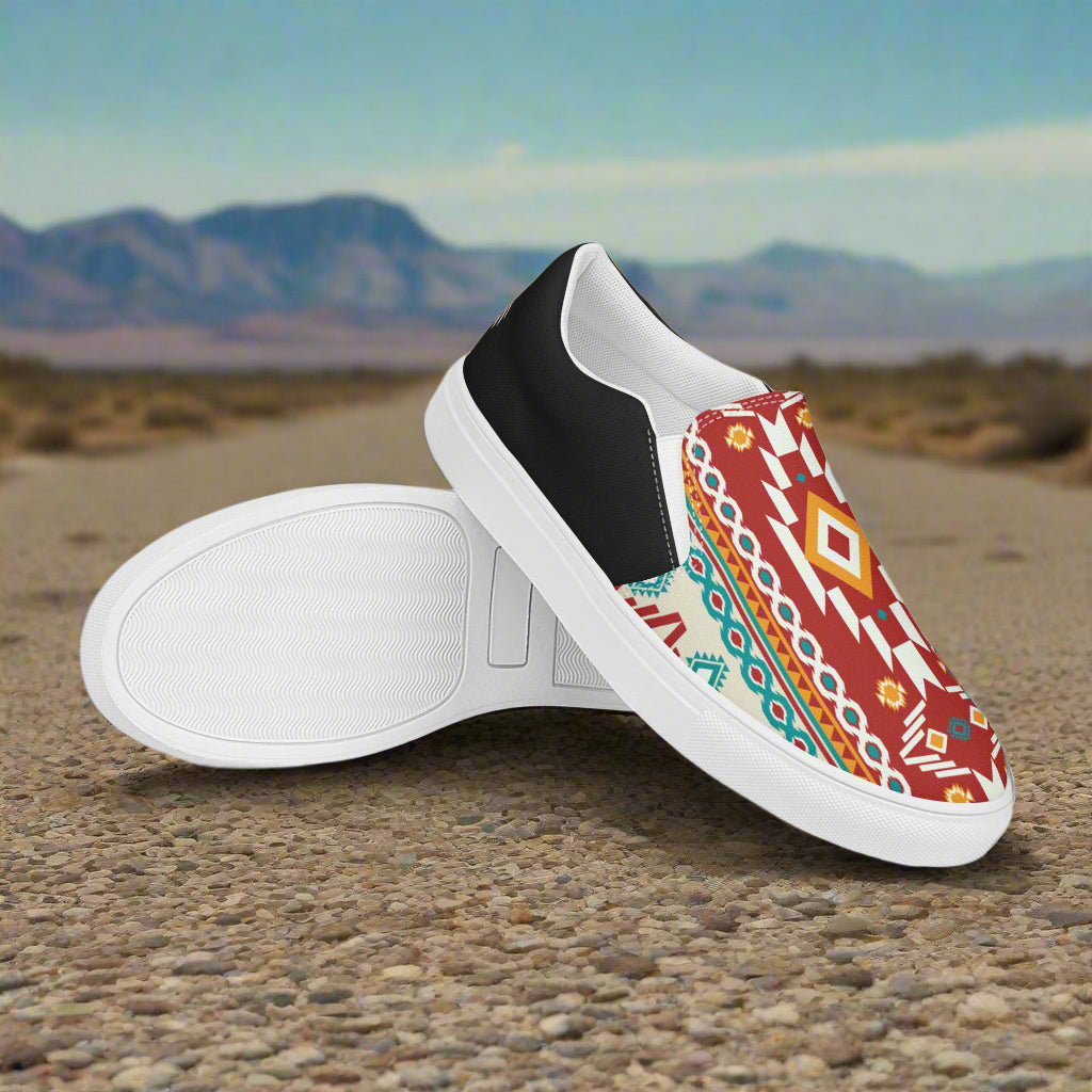Women’s Southwest Print, Slip-on Canvas Shoes, Native American, Geometric Pattern, Nogales Halftone