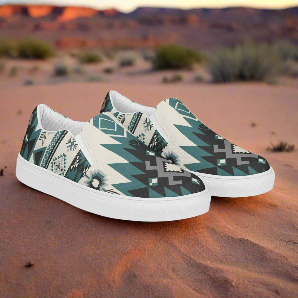 Women’s Southwest Print, Slip-on Canvas Shoes, Native American, Geometric Pattern, Green on White canvas