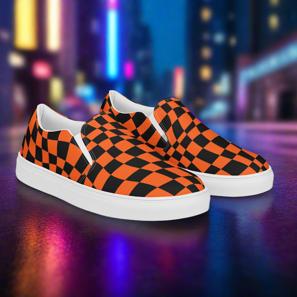 Women’s Custom Streetwear Style Designer Slip-On Canvas Sneakers, Orange and Black Checkered Pattern