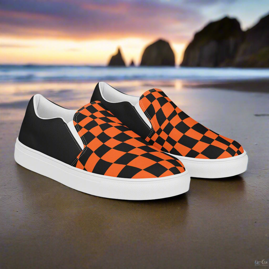 Women’s Custom Designer Slip-On Canvas Sneakers, Orange & Black Checkered, Halftone