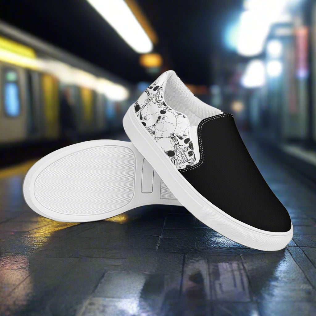 Women’s Custom Streetwear Style Designer Slip-On Canvas Sneakers, White Skulls, Two-Tone