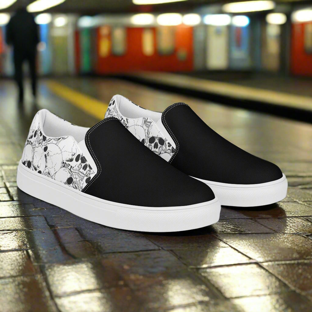 Women’s Custom Streetwear Style Designer Slip-On Canvas Sneakers, White Skulls, Two-Tone