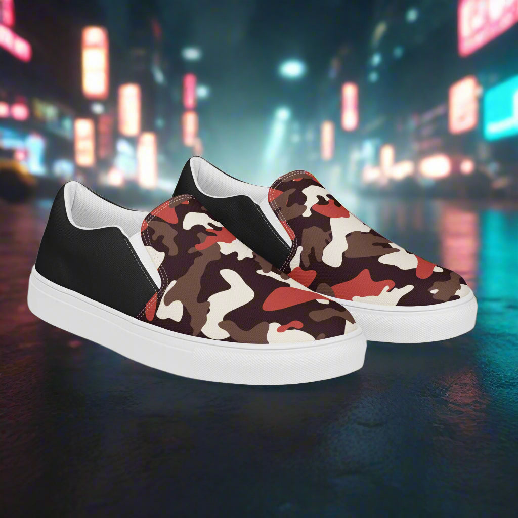 Women’s Custom Red Camo Print Slip-On Canvas Shoes - Halftone
