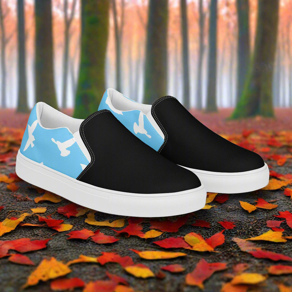 Women’s Bespoke, Slip-on Animal Print Canvas Shoes, Pastel Blue with White Birds Flying Two-Tone