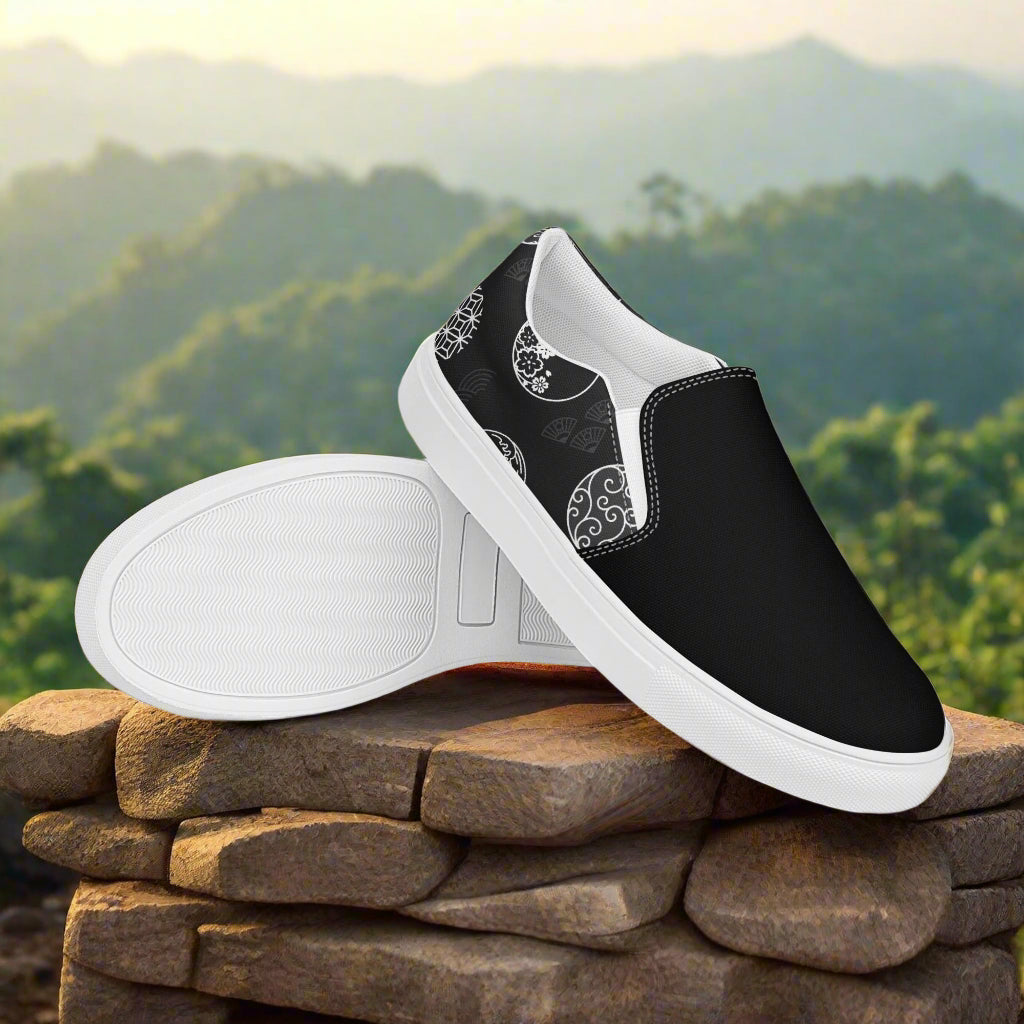 Women’s Custom Asian Print, Slip-on Canvas Shoes, Black with Japanese Traditional Crests, Two-Tone Pattern
