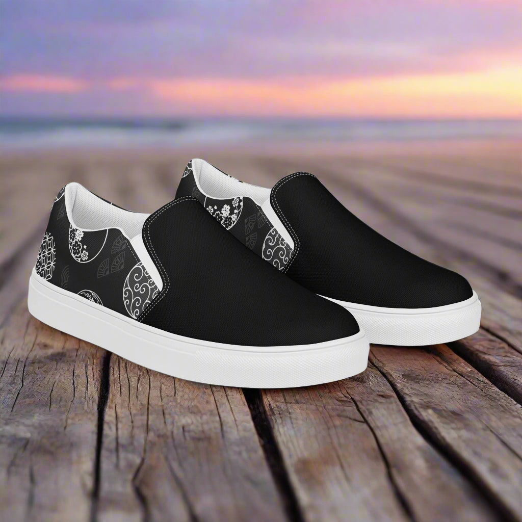 Women’s Custom Asian Print, Slip-on Canvas Shoes, Black with Japanese Traditional Crests, Two-Tone Pattern