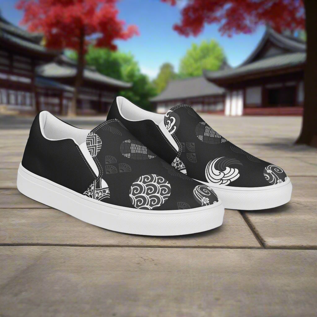 Women’s Custom Asian Print, Slip-on Canvas Shoes, Black with Japanese Seals, Two Tone Pattern
