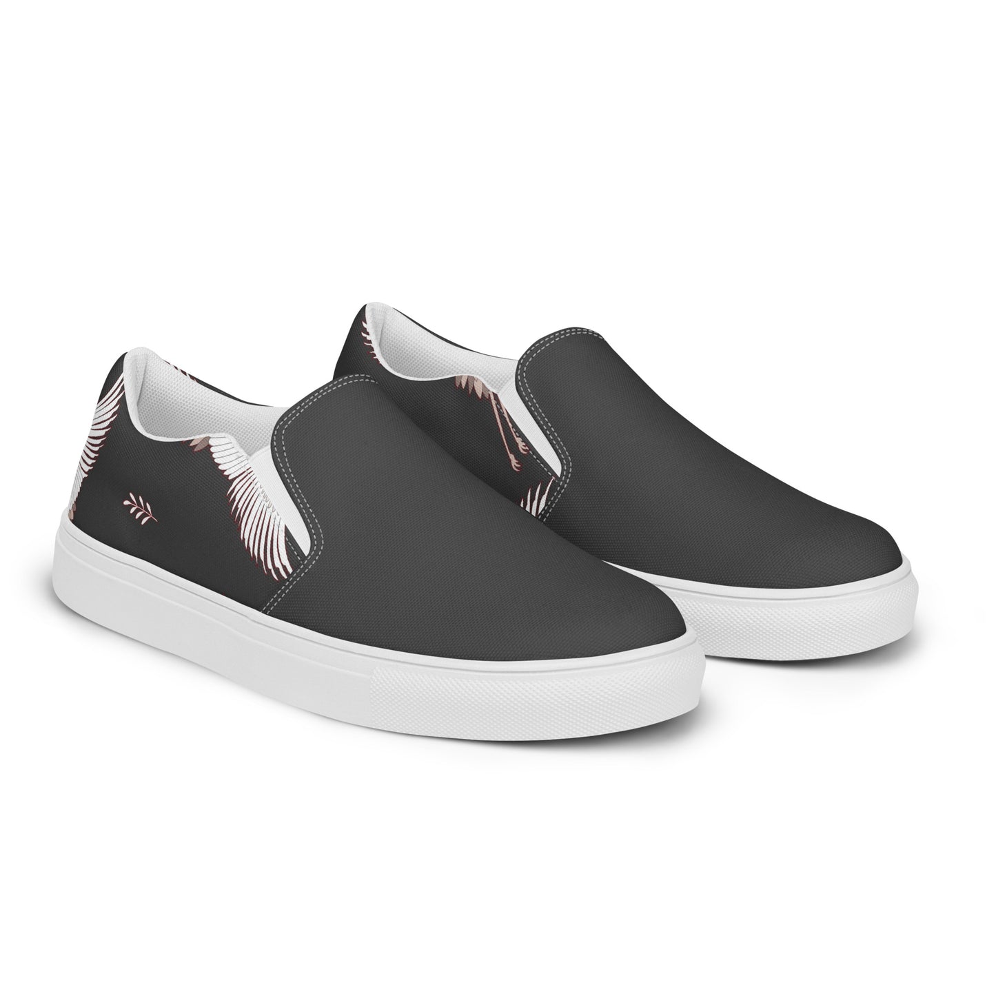 Women’s Custom Slip-on Canvas Shoes, Black with White Cranes, Asian Animal Print, Two-Tone