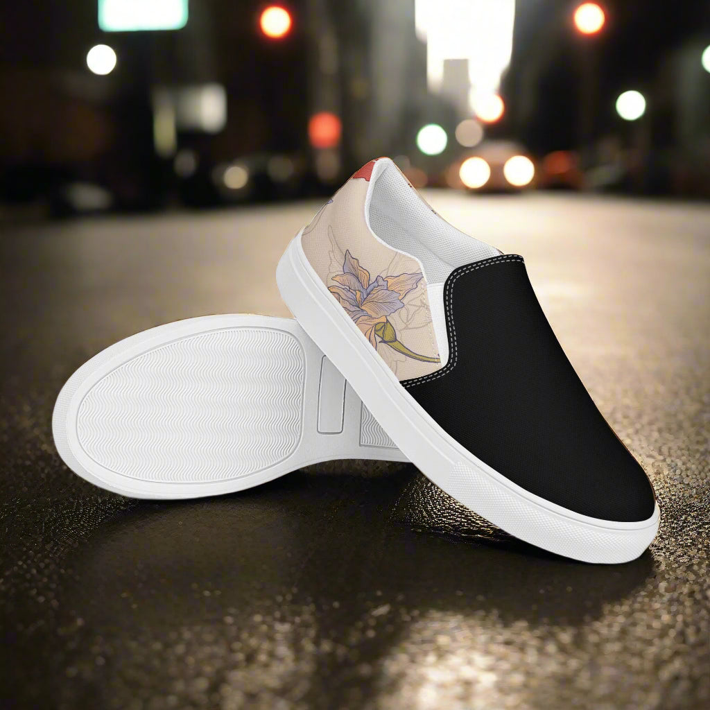 Women’s Custom, Floral Print, Slip-on Canvas Shoes, Purple and Pink Iris Flowers Two-Tone