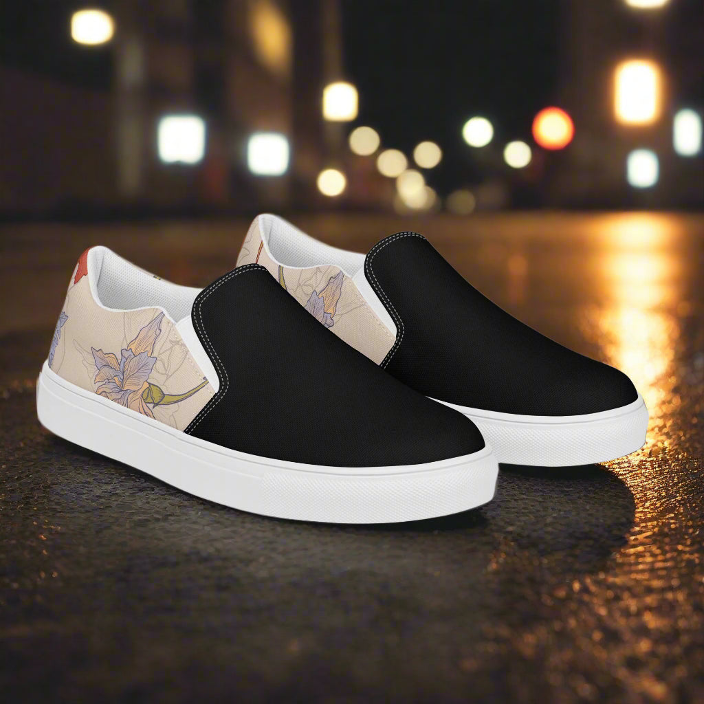 Women’s Custom, Floral Print, Slip-on Canvas Shoes, Purple and Pink Iris Flowers Two-Tone