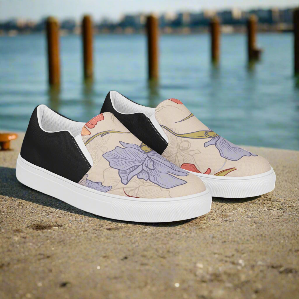 Women’s Custom Slip-on Canvas Shoes, Floral Print Purple and Pink Iris Halftone