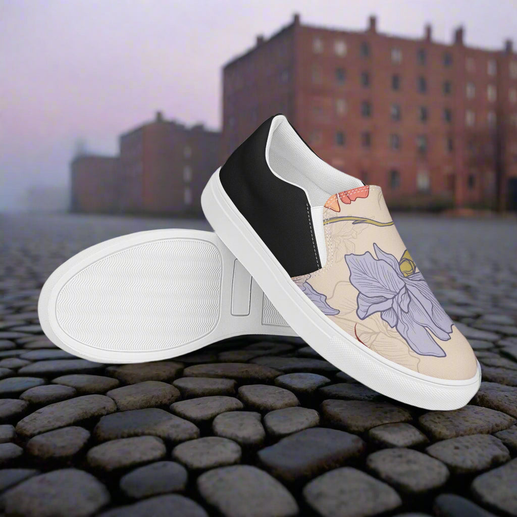 Women’s Custom Slip-on Canvas Shoes, Floral Print Purple and Pink Iris Halftone