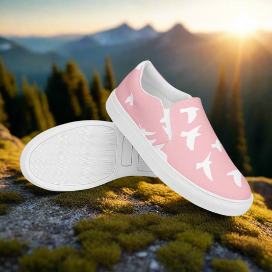 WildSage Women’s Custom Slip-on Canvas Shoes Animal Print White Birds Flying on Pink Background