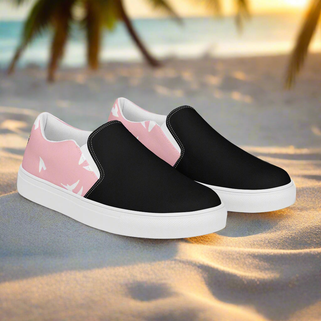 Women’s Custom, Slip-on Animal Print Canvas Shoes, Pastel Pink with White Birds Flying Two-Tone