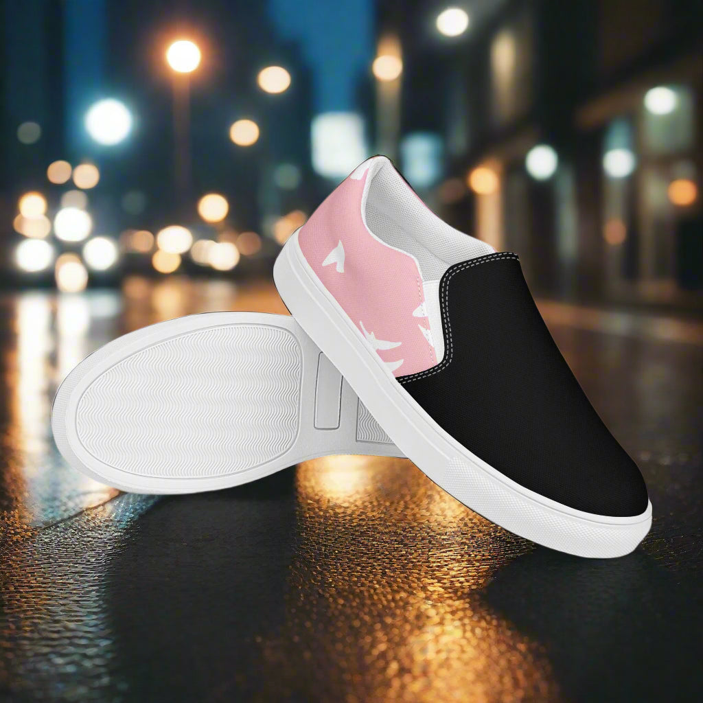 Women’s Custom, Slip-on Animal Print Canvas Shoes, Pastel Pink with White Birds Flying Two-Tone