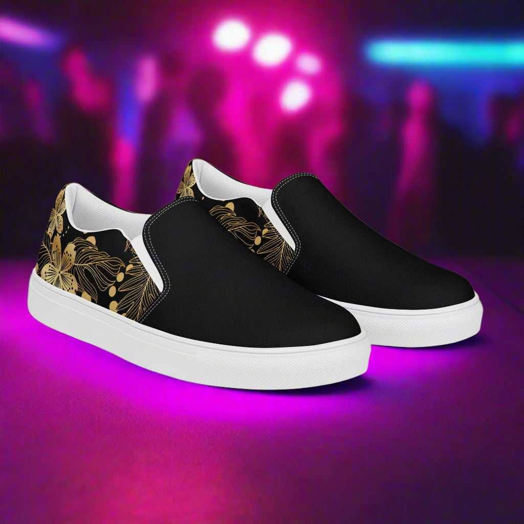 Women’s Floral Print Slip-on Canvas Shoes - Retro Style Golden Lily Two-Tone Pattern