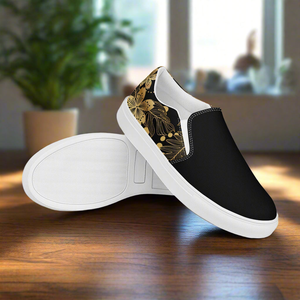 Women’s Floral Print Slip-on Canvas Shoes - Retro Style Golden Lily Two-Tone Pattern