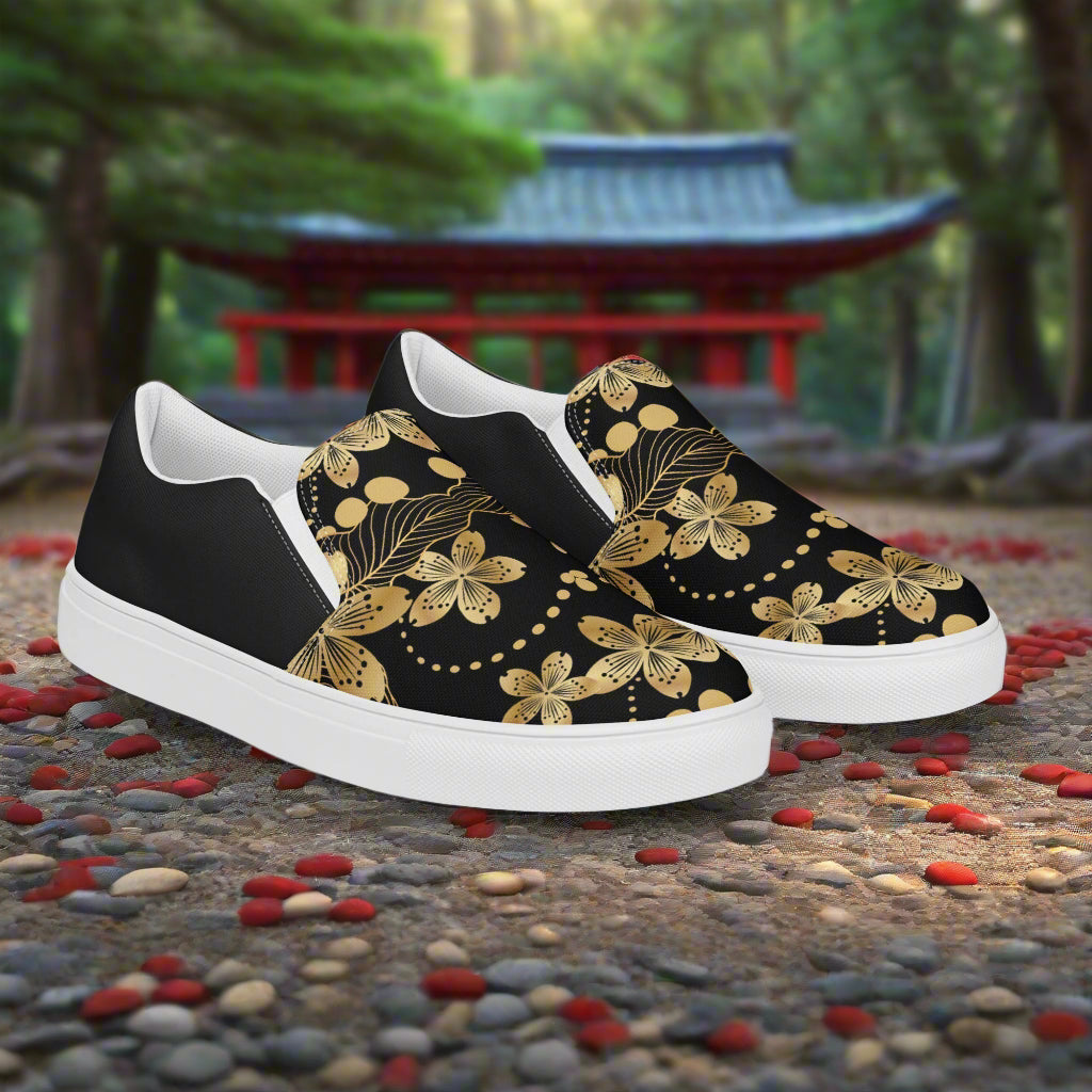 Women’s Retro Floral Print Slip-on Canvas Shoes - Golden Lily Halftone
