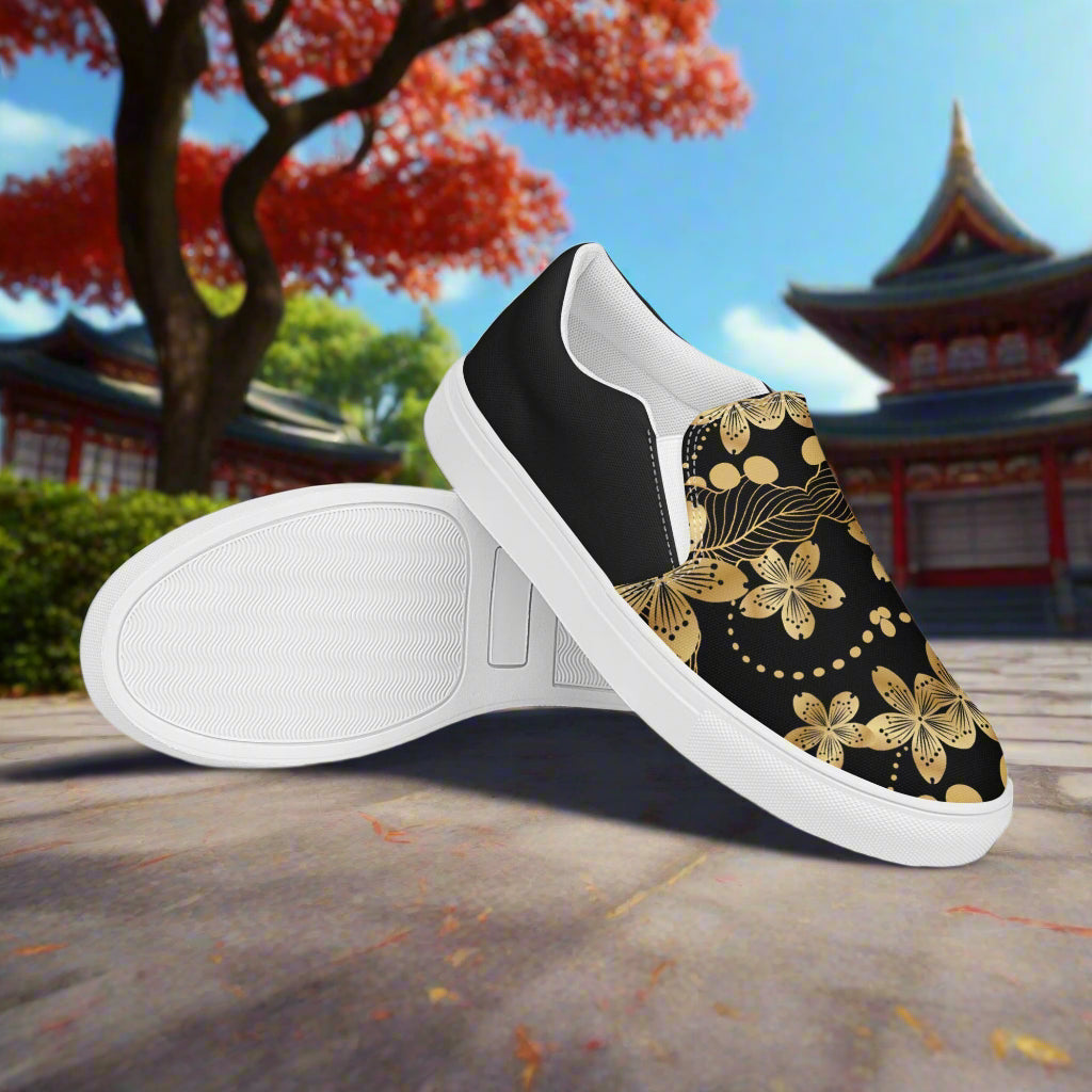 Women’s Retro Floral Print Slip-on Canvas Shoes - Golden Lily Halftone