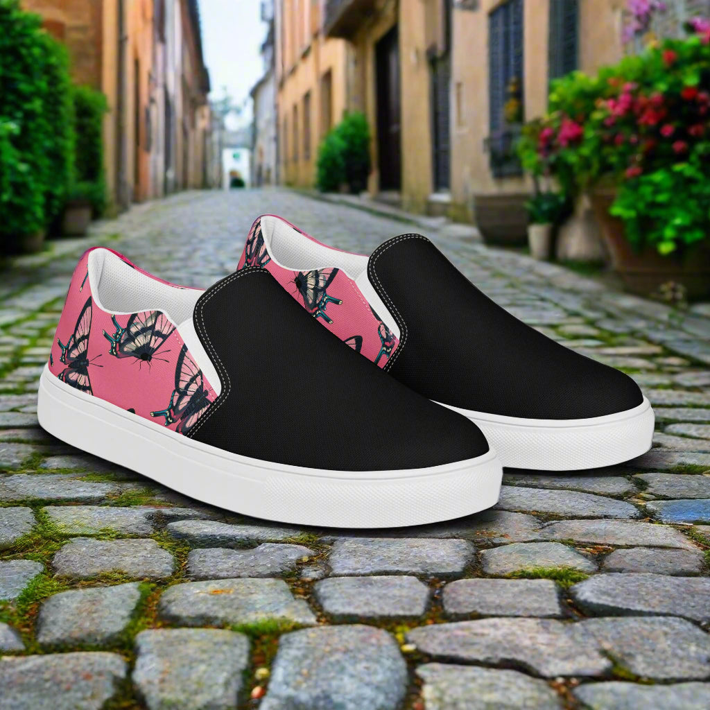 Women’s Custom Slip-on Canvas Shoes Pink Butterfly Print Two-Tone