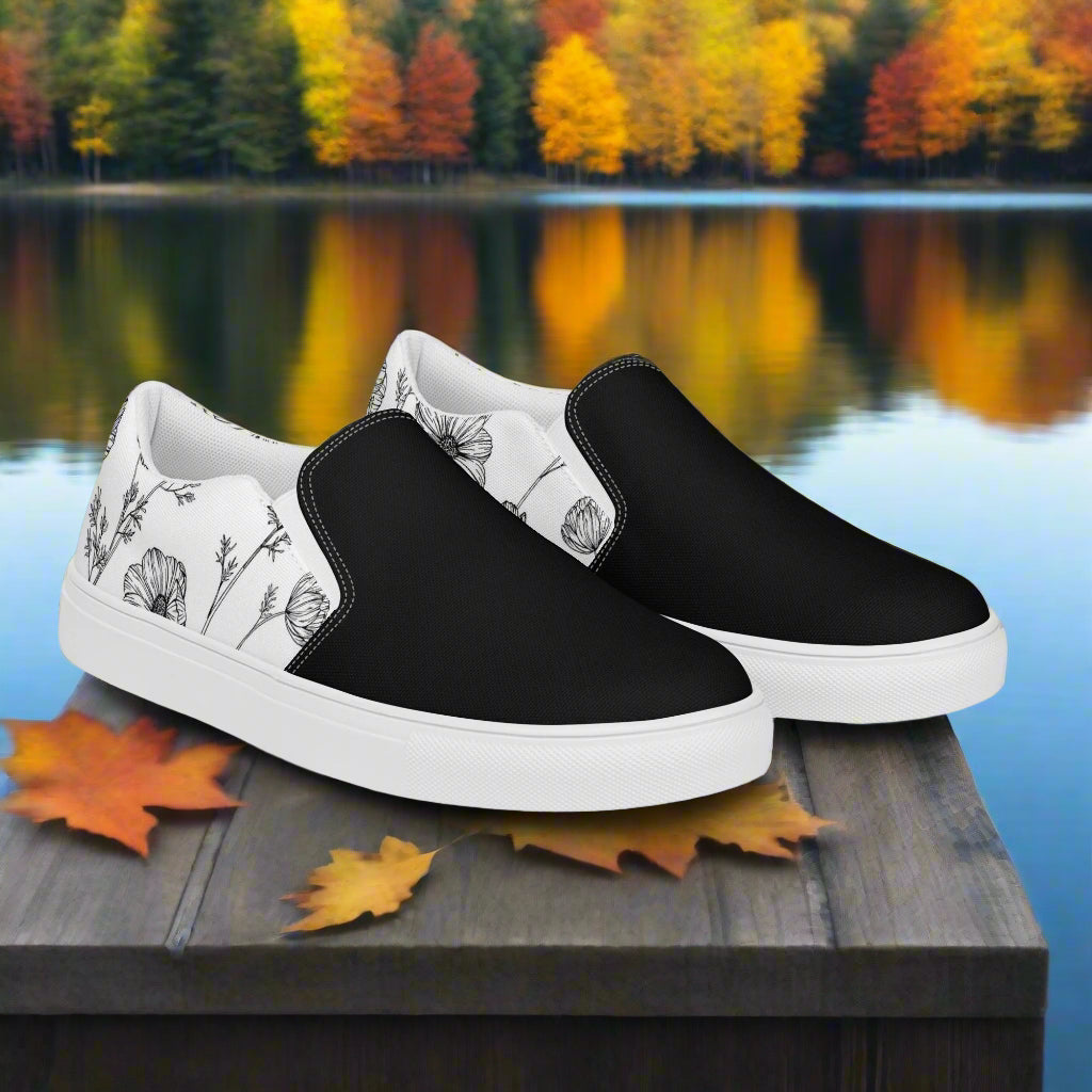 Women’s White Poppy Floral Print Slip-on Canvas Shoes Two-Tone