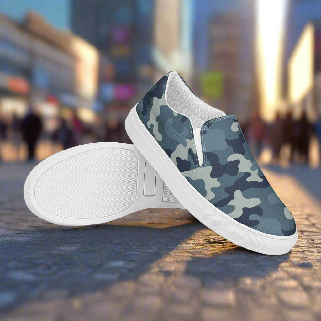 Women’s Slip-On Canvas Shoes Blue Grey Camouflage Print
