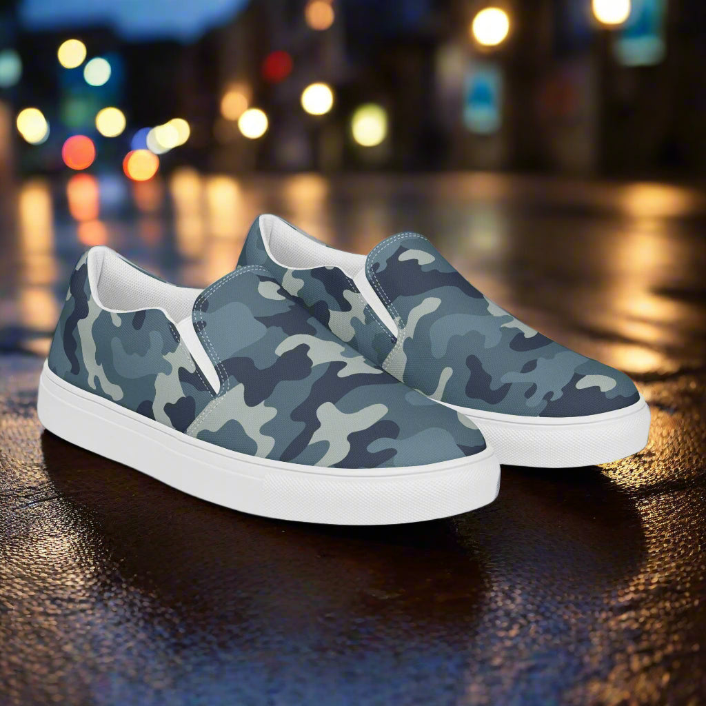 Women’s Slip-On Canvas Shoes Blue Grey Camouflage Print