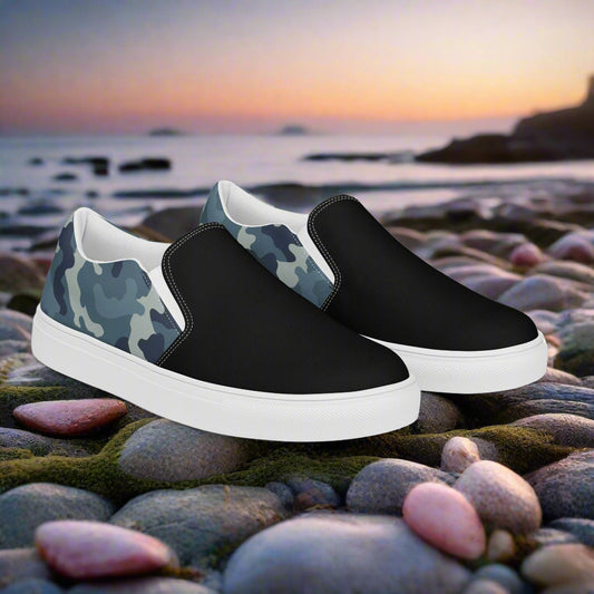 Women’s Slip-On Canvas Shoes Blue Grey Camo Two-Tone