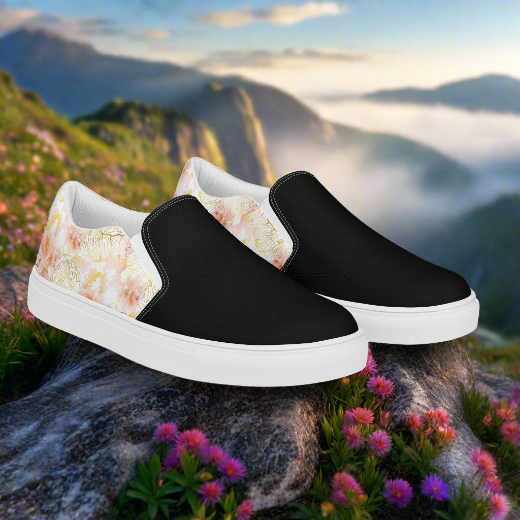Women’s Custom Floral Print Slip-on Canvas Shoes Pink Peony Two-Tone