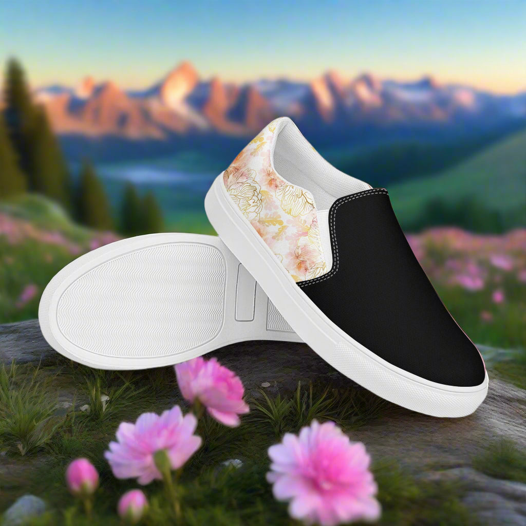 Women’s Custom Floral Print Slip-on Canvas Shoes Pink Peony Two-Tone