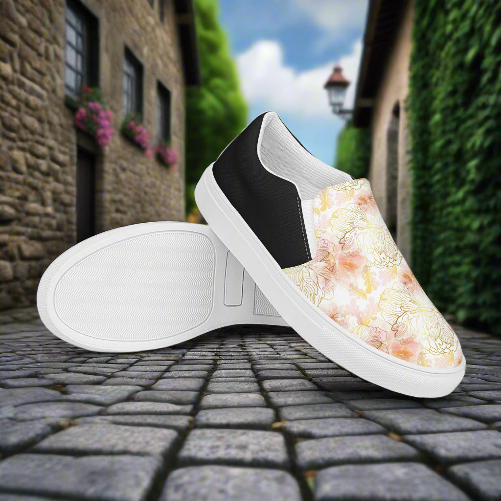 Women’s Floral Print Pink Peony Slip-on Canvas Shoes Halftone