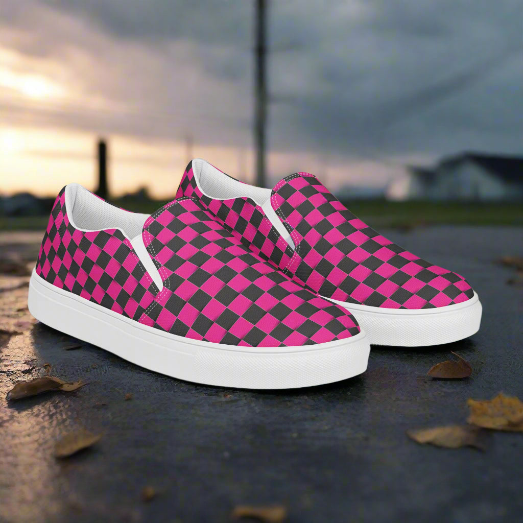 Women’s Custom Pink and Black Checkerboard Pattern Slip-On Canvas Sneakers