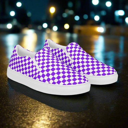 Women’s Custom Slip-On Canvas Shoes Purple and White Checkerboard Pattern