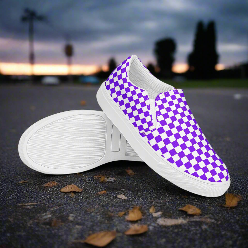 Women’s Custom Slip-On Canvas Shoes Purple and White Checkerboard Pattern